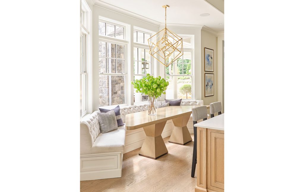 Shown in Linen Walnut, Antique Satin Brass, Custom Shape for Banquette